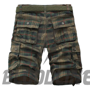 Shorts cargo à carreaux pour hommes, taille mi-haute, fermeture boutonnée, en coton respirant, style décontracté, type bermuda - Product Image 2