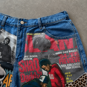 Shorts de mezclilla personalizados unisex con estampado patchwork estilo hip hop, con apliques y dobladillo deshilachado, azules, de algodón, estilo casual urbano. - Product Image 5