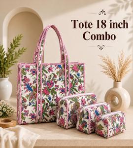 กระเป๋าผ้าฝ้ายโบฮีเมียนพิมพ์ลายผลไม้สีเขียววินเทจ 18 นิ้ว พร้อมกระเป๋าเครื่องสำอางแบบซิป 3 ช่อง หูหิ้วนุ่มอเนกประสงค์ขนาดใหญ่ - Product Image 3