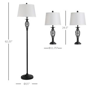 Set di 3 Lampade Moderne da Terra e da Tavolo con Palo in Metallo, Base Rotonda e Paralume in Tessuto, Bianco e Nero, per Soggiorno e Camera da Letto - Product Image 3