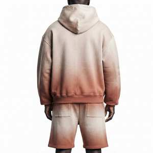 Distressed Heavyweight Winter Zipper Hoodie And Shorts Set For Men Custom Logo Printed Men Boxy Fit Zipper Hoodie Shorts Sets - Product Image 2