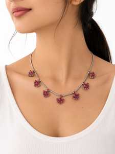 Collier Géométrique Tendance en Argent Naturel 92,5 avec Cristal Rouge et Corail, Chaîne Maillons Bohèmes, Idéal au Quotidien, Votre Meilleur Choix - Product Image 1