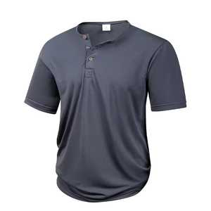 Men's Dark Gray Short Sleeve <b>Henley</b> T-<b>Shirt</b> Regular Fit Knitted Solid Color Casual Style O-Neck Design - Product Image 1