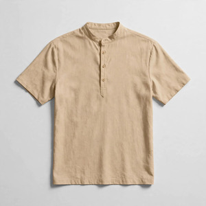 Men's Beige Digital Printed <b>Short</b> <b>Sleeve</b> <b>Button</b> Collar Casual Shirt Breathable Cotton Twill Fabric Washed Summer Wear - Product Image 5