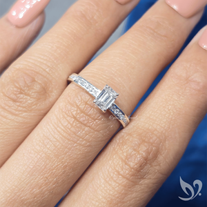 0.5CT Emerald Cut Lab <b>Diamond</b> <b>Ring</b> Channel Set Pave Band IGI Certified 10K White Gold Engagement <b>Ring</b> - Product Image 4