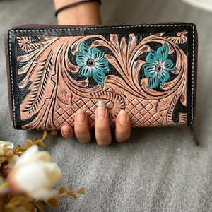 Hand Tooled Turquoise Flower Leather Wallet Stylish Genuine Leather <b>Zip</b> Continental Purse Western Clutch Card Case Gifts for Her - Product Image 2
