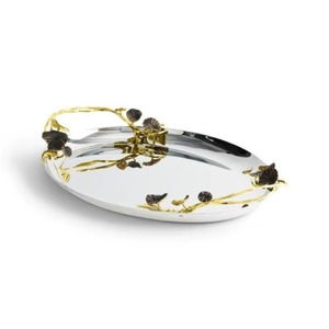 Traditional Design Antique Weathering Finish Single-Piece Package Oval Silver Decorative <b>Tray</b> with Floral Handle - Product Image 3