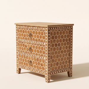 Table de chevet de luxe en bois avec incrustations en os, 3 tiroirs, motif nid d'abeille, meuble indien fait main, décoration de chambre à coucher - Product Image 3
