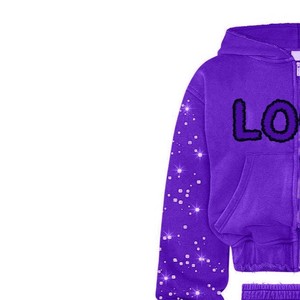 Survêtement à capuche pour filles, imprimé pailleté violet, manches longues, coupe ample, décontracté, fermeture éclair sur le devant, design logo, vêtements d'automne - Product Image 2