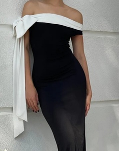 Hot Sale off the Shoulder Black <b>Sequin</b> Backless Tea-Length Club <b>Dress</b> <b>White</b> Bow Adult Women's Sexy Solid Beaded - Product Image 6