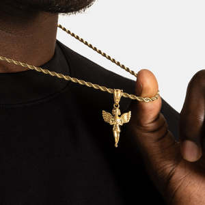 Gold Guardian <b>Angel</b> Pendant Necklace | Polished Cherub <b>Angel</b> <b>Charm</b> | Stainless Steel Religious Jewelry - Product Image 2