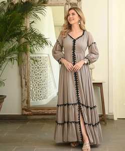 Cross-border French Niche Vintage Wave <b>Pattern</b> Stitching Lace-up Lantern Sleeve <b>Tight</b> Waist Summer Anti-Static Wear Maxi Dress - Product Image 1