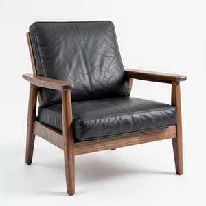 Fauteuil de salon en cuir de vachette véritable avec structure en bois naturel, chaise longue moderne pour l'ameublement intérieur - Product Image 2