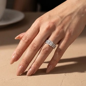 925 Moissanite Diamond Princess Cut Wedding <b>Ring</b> With <b>Two</b> Classic Wedding Bands in White Gold Plated with D Color & VVS Clarity. - Product Image 6