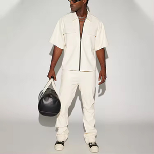 2026 Best Spring British Slim Casual PU Leather Men's <b>Shirts</b> Short Sleeved Woven Embroidered <b>Patchwork</b> Stand Collar Breathable - Product Image 2