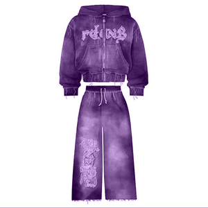 Custom Winter Oversized Streetwear 100% Cotton Sweatsuit Hoodie & Sweatpants Set with Applique <b>Patches</b> and Embroidery - Product Image 2