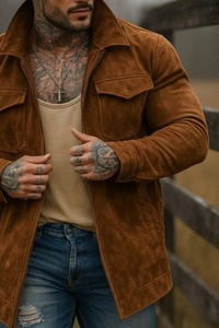 <b>Mens</b> Handmade Brown Genuine <b>Suede</b> Leather Coat Vintage Western <b>Jacket</b> - Product Image 3