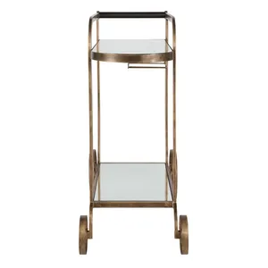 Modern Handmade Metal Bar Cart with Luxury Gold Finish Tempered Glass Shelves Wine Bottle Storage and Designer Rolling Wheels - Product Image 2