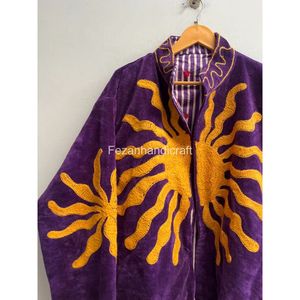 Veste en velours violet brodée, manches longues, col montant, motif géométrique fait main, vêtements d'hiver pour femmes, cadeaux - Product Image 3