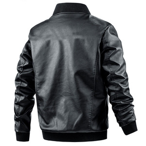 Navy blue classic stand collar Moto <b>biker</b> slim fit <b>jacket</b> Custom logo leather streetwear Leather <b>jacket</b> for men - Product Image 4