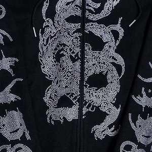Sweat-shirt à capuche zippé noir surdimensionné pour homme, imprimé dragon en strass, streetwear, tissu tricoté, manches régulières, automne - Product Image 5