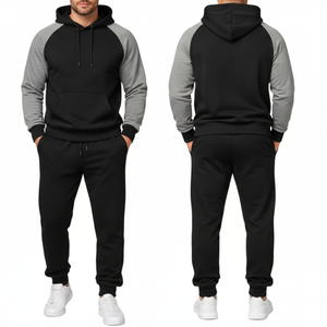 Vêtement de sport pour hommes en gros, survêtement à manches raglan bicolore |   Combinaison de jogging |   Ensemble sweat à capuche et pantalon noir et gris - Product Image 3