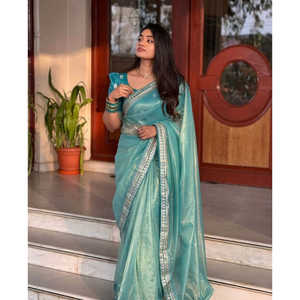 Robes de club Saree élégant pour les fêtes avec broderie Codding & Sequins Work Border - Product Image 3