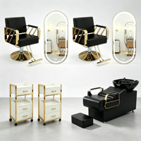 Ensemble de mobilier de salon moderne noir et or : Fauteuil de coiffure, lit de lavage, miroir LED, chariot et équipement de coiffure pour barbier
