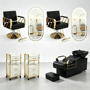 Ensemble de mobilier de salon moderne noir et or : Fauteuil de coiffure, lit de lavage, miroir LED, chariot et équipement de coiffure pour barbier - Product Image 1