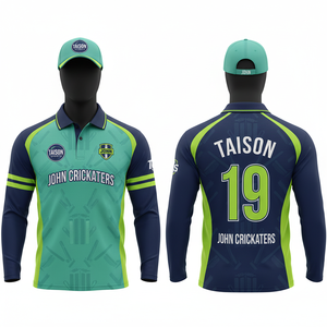 Maillot de cricket pour homme 180 GSM respirant en polyester interlock bleu marine et vert lime avec empiècements raglan, logo d'équipe personnalisé par sublimation - Product Image 1