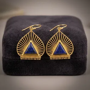 Natural Lapis Lazuli Brass <b>Earrings</b> | Handmade Gemstone <b>Earrings</b> | 18K Gold Plated Brass <b>Earrings</b> | Wholesale Jewelry - Product Image 2