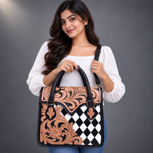 Hand Tooled Leather <b>Bag</b> With Checkered Pattern And Floral Design For <b>Women</b> Daily Use Shoulder Strap Handbag - Product Image 3