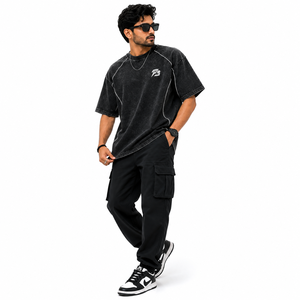 T-shirt Homme Oversize en Coton Délavé Coupe Boxy Épaules Tombantes Coutures Contrastantes Streetwear Lourd Décontracté Été - Product Image 3