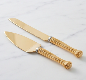 Ensemble de couteau et spatule à gâteau en métal doré, 2 pièces, manche torsadé, idéal pour servir les gâteaux - Product Image 1