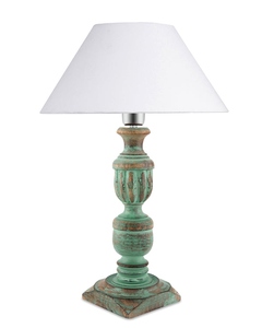 Antique turquoise trophy wood <b>table</b> lamp cream cone shade <b>rustic</b> French country carved <b>bedside</b> light for farmhouse decor - Product Image 4