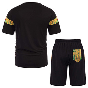 Conjunto de Camiseta Negra para Hombre con Estampado Africano a Rayas, Conjunto Casual de Verano con Pantalones Cortos, Cuello Redondo, Tejido Transpirable, 100% Algodón - Product Image 2