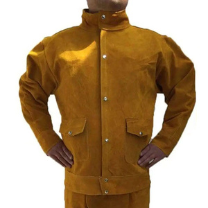 Traje de seguridad para soldadura de cuero vacuno marrón, chaqueta de trabajo con pantalones, protección duradera para las manos - Product Image 3