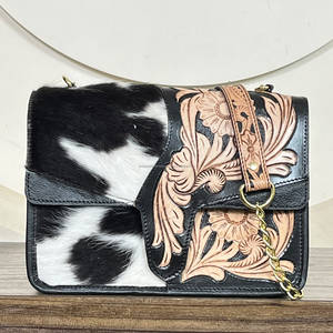 Wholesale Handmade Genuine Leather Black & White Hair On Cowhide Crossbody Bag with Hand Tooled Floral Design Messenger Bags - Product Image 4