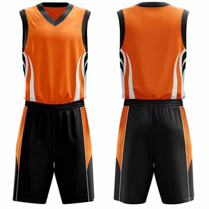 Ensemble de maillots et shorts de basket-ball personnalisés pour équipe, orange et noir, unisexe, avec bordure noire, sans manches, séchage rapide, respirant, 100% polyester - Product Image 1