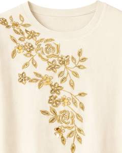 Camiseta de Algodón Personalizada para Mujer con Bordado Floral Dorado, Manga Corta, Cuello Redondo, Top Informal de Moda para Mujer, Diseño OEM Personalizado - Product Image 4