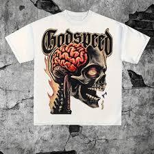 เสื้อยืดคอตตอนหนาน้ำหนักมาก พิมพ์ลายกราฟิก "Go Speed" ลายกะโหลกและสมองแบบโกธิค สีขาว สำหรับผู้ชาย สไตล์สตรีทแวร์ ปี 2026 พร้อมโลโก้แบบกำหนดเอง - Product Image 3