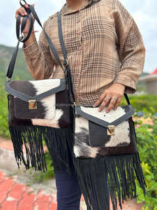 กระเป๋าสะพายพาดลำตัวหนังแท้สำหรับผู้หญิงหนังแท้ขนแกะสไตล์โบโฮใหม่ - Product Image 2