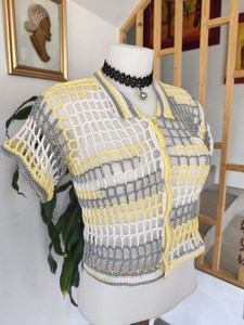 Top corto de malla de ganchillo para mujer, manga corta, cuello polo, bloques de color, estilo bohemio, ropa de primavera y verano - Product Image 6