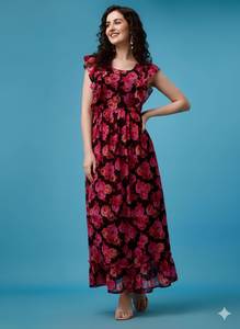 เดรสยาวพิมพ์ลายดอกไม้สีแดงเข้มของผู้หญิงผ้าจอร์เจ็ตผ้าเครปขนาด M L XL XXL ขายส่ง - Product Image 6