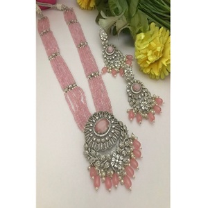Stunning Brass Ethnic Royal Zircon Stylish <b>Long</b> Layer Necklace <b>Earring</b> Set Pearl Look <b>Silver</b> Plated Women Wedding Engagement - Product Image 1