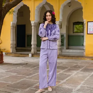 Ensemble bohème pour femmes, broderie florale en coton, manches longues, pantalon ample, tenue printemps été - Product Image 3