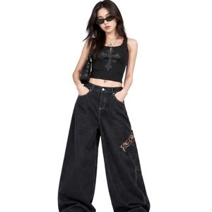 Women's Black <b>Baggy</b> Wide Leg <b>Jeans</b> with Leopard Print Patch High Waist Washed Denim Pants Trendy Y2K Streetwear Trousers - Product Image 1