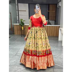 MODA SUAVE SEDA KALAMKARI ESTAMPADO TRABAJO SOLO VESTIDO CHIKU - Product Image 1