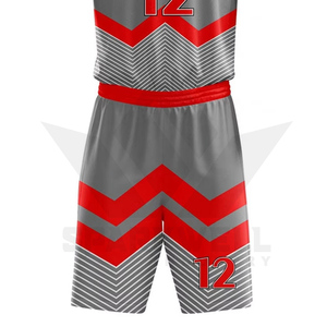 Ensemble de maillots de basket-ball géométriques gris et rouges personnalisés, sans manches, col en V, évacuation de l'humidité, impression sublimée, unisexe adulte, 100% polyester - Product Image 3