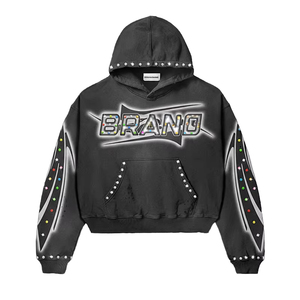 OEM Custom Streetwear Heavyweight <b>600gsm</b> Jersey Cotton Rhinestone Applique <b>Hoodie</b> Distressed Embroidery Patch Logo Acid Wash Men - Product Image 1